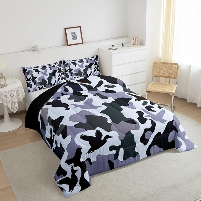 Erosebridal Camouflage Comforter Set King Size Hunting Bedding for Kids Boys Army Duck Hunter Bedding Comforter Sets Vintage Blue Grey Bedroom Decor Wild Animal Duck Farmhouse Duvet Insert