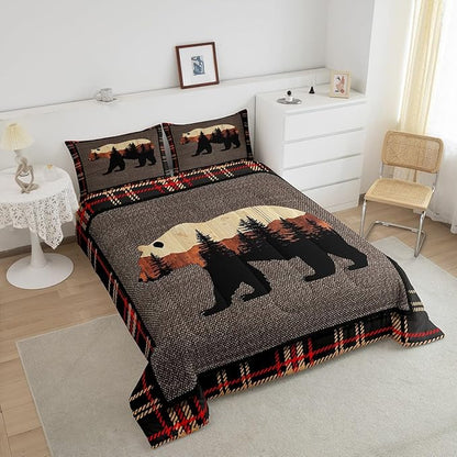 Erosebridal Hunting Bear Comforter Set King,Rustic Farmhouse Bedding Comforter Set,Buffalo Plaid Grid Bedding Set for Boys Girls,Kids Woodland Wild Animals Duvet Set Cabin Lodge Decor,Orange Grey