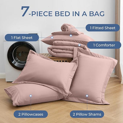 Sasttie California King Comforter Set, 7 Pieces Cal King Bed in a Bag, Complete Bedding Set Includes Comforter, Flat Sheet, Fitted Sheet, Pillowcases and Pillow Shams, Rose Gold