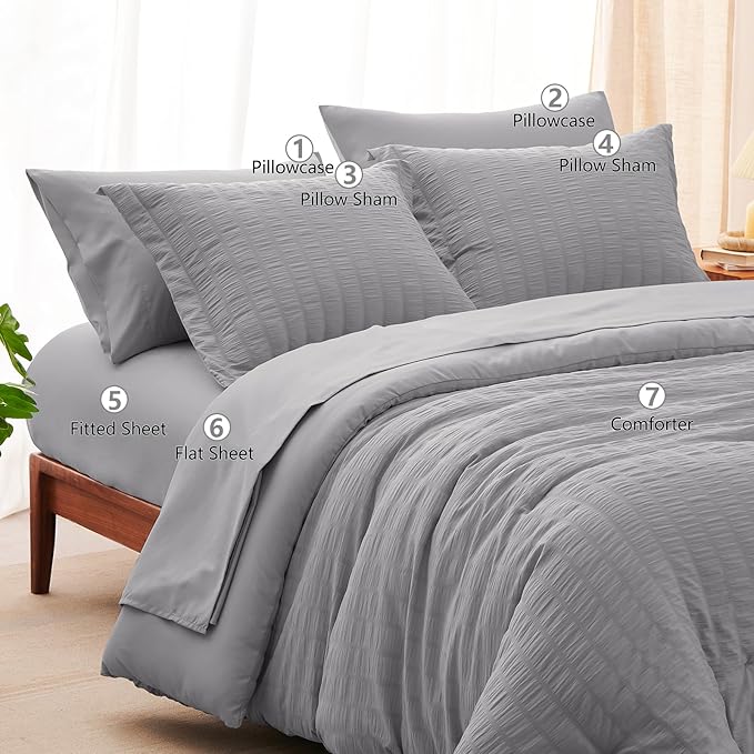 CozyLux Full Size Comforter Sets with Sheets 7 Pieces, Grey Seersucker Bed in a Bag Textured Luxury Soft Gray Bedding Set with Down Alternative Comforter, Sheets, Pillowcases & Shams for All Seasons