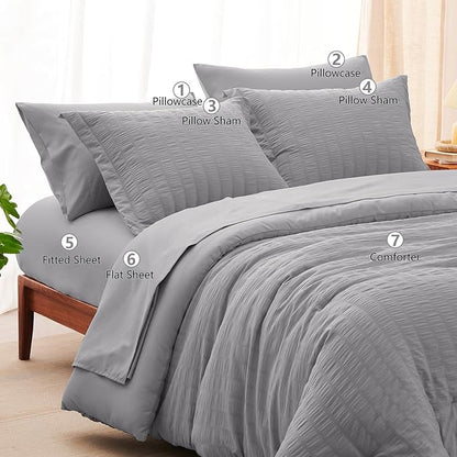 CozyLux Full Size Comforter Sets with Sheets 7 Pieces, Grey Seersucker Bed in a Bag Textured Luxury Soft Gray Bedding Set with Down Alternative Comforter, Sheets, Pillowcases & Shams for All Seasons