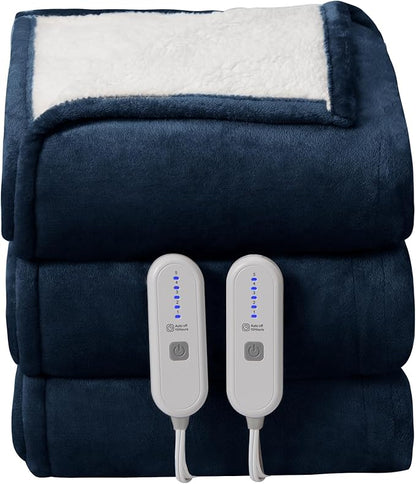 Queen Size Heated Blanket - Dual Control Electric Blanket Queen with 5 Heating Levels, 10 Hours Auto Off, Overheat Protection, Washable Flannel Sherpa Heating Blanket, 84 x 90 Inch, Navy