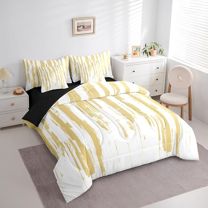 Erosebridal 7Pcs Yellow Striped Comforter Set Queen for Women Men,Modern Geometric Abstract Bedding with Bed Sheets,Gradient Art Aesthetic Bed in A Bag,Boho Graffiti Quilt Set with Pillowcases