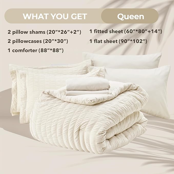 HYMOKEGE Ivory Queen Comforter Set Seersucker 7 Pieces, All Season Luxury Bed in a Bag for Bedroom, Bedding Set with Comforters, Sheets, Pillowcases & Shams