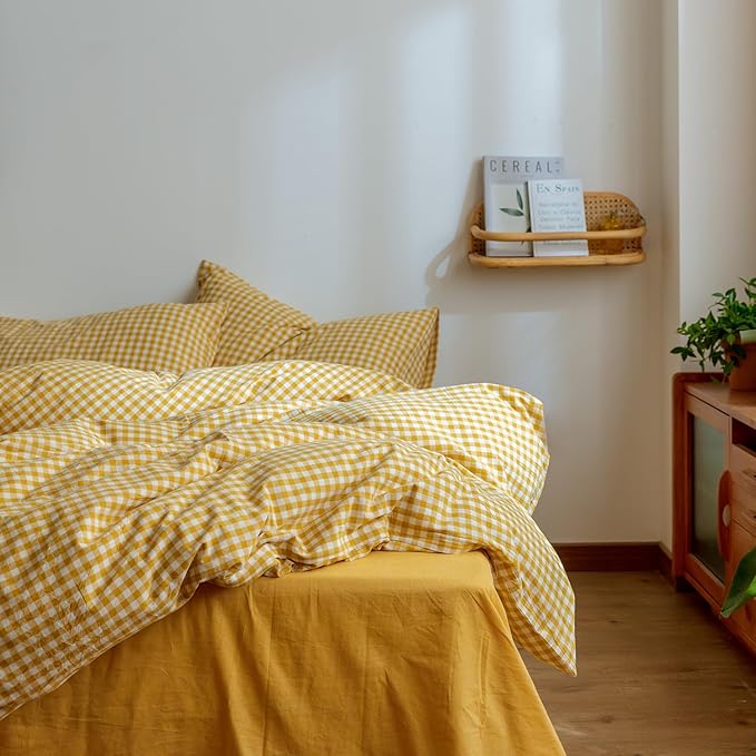 mixinni Yellow Gingham Comforter Set King, Plaid Comforter Set 3 Pieces 1 Yellow Grid Comfoter with 2 Pillow Cases for All Seasons, Soft Fluffy Modern Grid Pattern Printed Bedding-King Size