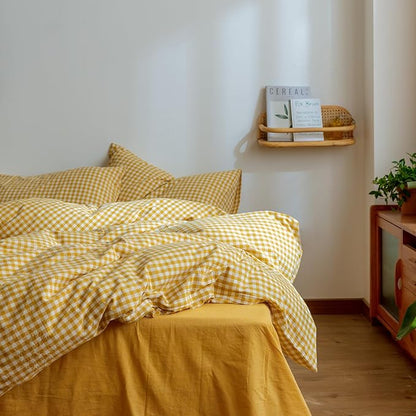 mixinni Yellow Gingham Comforter Set King, Plaid Comforter Set 3 Pieces 1 Yellow Grid Comfoter with 2 Pillow Cases for All Seasons, Soft Fluffy Modern Grid Pattern Printed Bedding-King Size