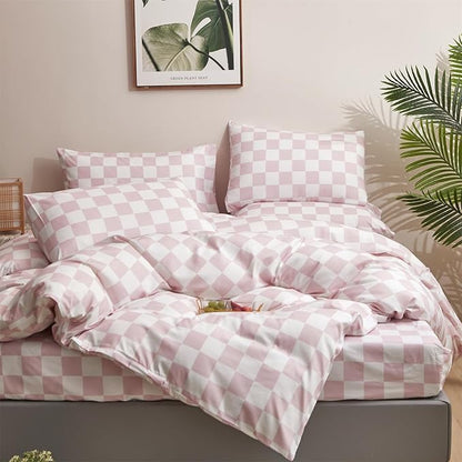 Houseri White Plaid Comforter Set - Twin Size, Girls & Boys, Pink Grid & Checkerboard Pattern, Soft & Comfy, Perfect for Kids & Dorm Beds