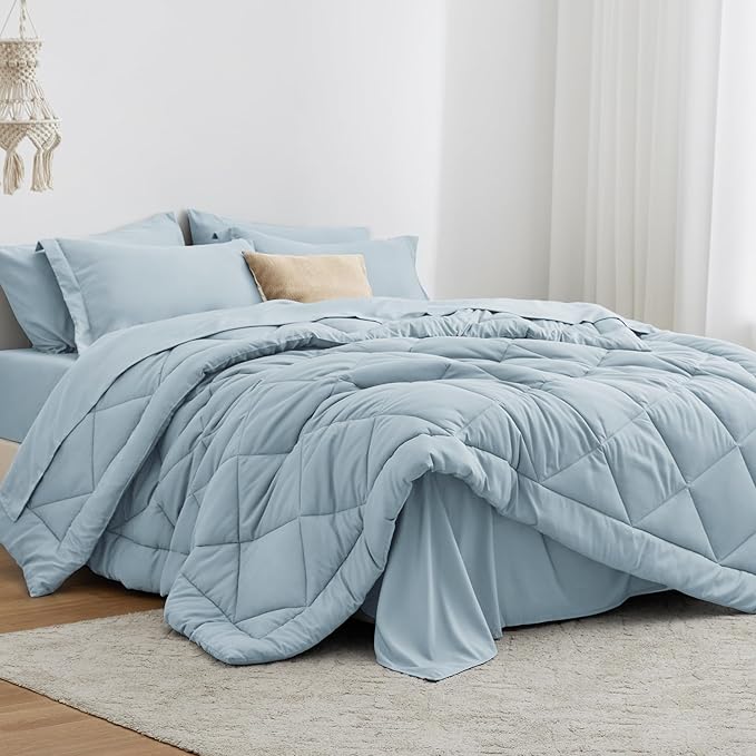 Love's cabin California King Comforter Set Light Blue, 7 Pieces California King Bed in a Bag, All Season Bedding Sets with 1 Comforter, 1 Flat Sheet, 1 Fitted Sheet, 2 Pillowcase and 2 Pillow Sham