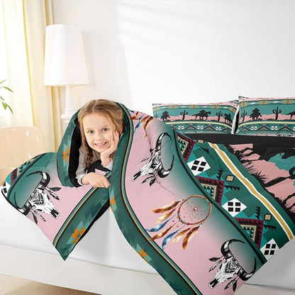 Erosebridal Western Comforter Set Toddler Size, Longhorn Skull Dream Catcher Boho Bedding Set for Kids Boys Teens Adult Bedroom, Cowboy Horse Aztec Quilt Southwestern Geometric Duvet Insert, Green