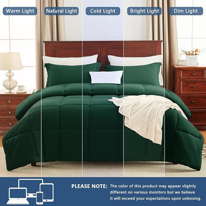 CozyLux Queen Comforter Set - Emerald Green Comforters Queen Size, 3 Pieces Box Stitched Bed Set for All Seasons, Soft Lightweight Bedding Sets with 1 Down Alternative Comforter and 2 Pillow Shams