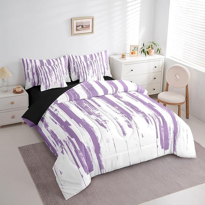 Erosebridal 7Pcs Lavender White Boho Queen Comforter Set,Geometric Stripes Striped Abstract Bed in A Bag for Women Men Adults Teens,Modern Art Aesthetic Violet Purple Ink Quilt Set with Pillowcases