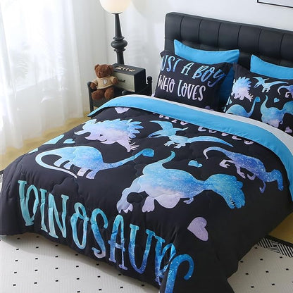 7 Piece Boys Dinosaur Comforter Set Queen Size Blue Dinonsaur Soft Microfiber Bed in A Bag with Comforter,Sheet Set,Pillowcase and Sham for Child Teens All Season