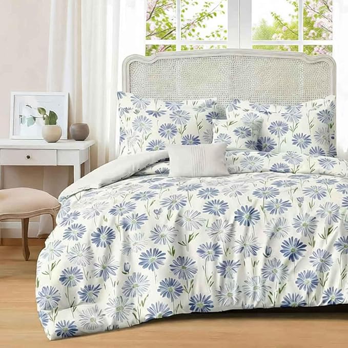 Nanko White And Blue Floral Comforter Set Queen Size 3 Pcs, Dandelion Flower Green Leaf Printed Pattern Soft Microfiber Alternative Duvet, Farmhouse Bedding Set, Bed in a Bag for Women Men Teen, 90x90
