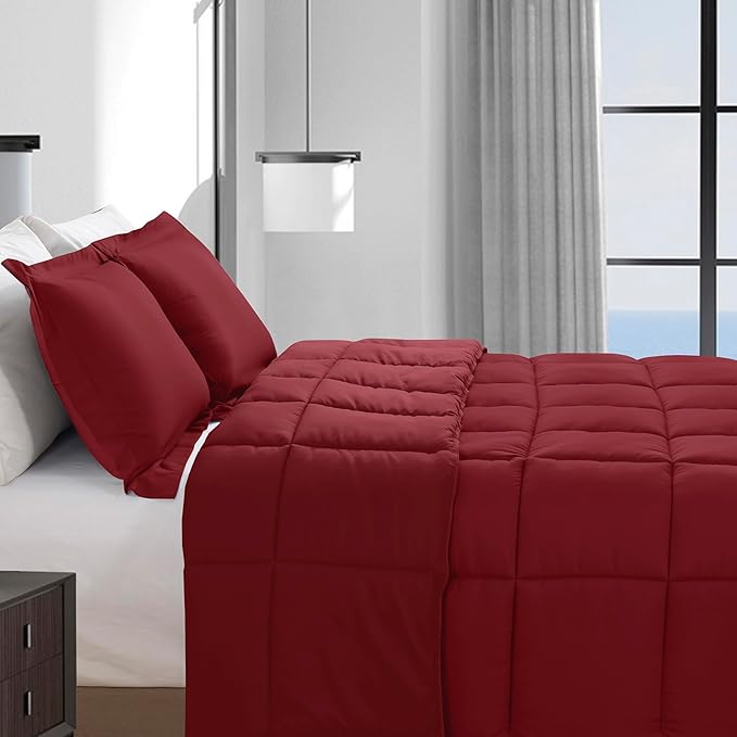 Elegant Comfort 3-Piece Box Stitched Down Alternative Comforter with Shams - Ultra Soft for All Season Duvet Insert with Corner Tabs, Plush Cozy 3PC Comforter Set, Queen, Burgundy