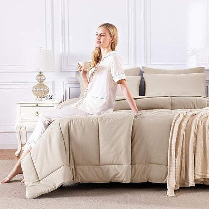 CozyLux Full Size Comforter Set Wheat, 7 Pieces Bed in a Bag, Wheat Comforter Full Size, All Season Bedding Sets with Stitch Quilted Comforter, Flat Sheet, Fitted Sheet, Pillowcases