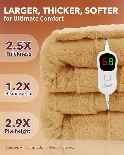 Homemate Heated Blanket Electric Throw - 50"x60" Heating Blanket Throw 1/2/4/6/8 Hours Auto-Off 10 Heat Levels Over-Heat Protection Luxury 800 GSM Faux Fur 200 GSM Sherpa ETL Certification