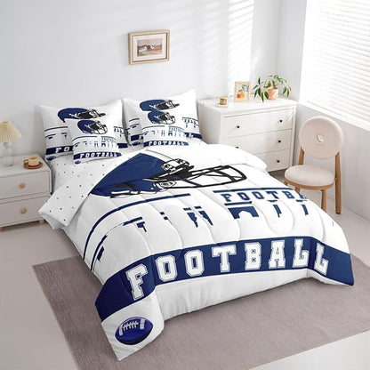 Erosebridal Football 7 Pcs Comforter Set King Football Fans Bedding for Boys Girls Football City Sheet Set Bed in A Bag Blue Rugby Competition Room Decor Sports Ball Game Quilt