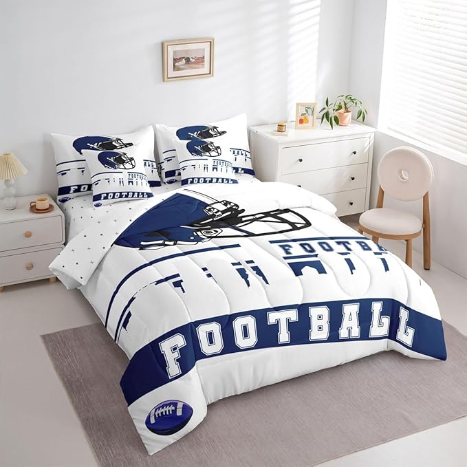 Erosebridal Football 7 Pcs Comforter Set Queen Football Fans Bedding for Men Football City Sheet Set Bed in A Bag Blue Rugby Competition Room Decor Sports Ball Game Quilt