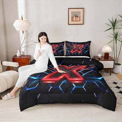 Manfei Geometric Honeycomb Kids Comforter Set Twin Size,Blue Neon Hexagon Abstract Bedding Set for Boys Girls Man Room Decor,Light Gaming Fashion Down Comforter,Red Black Duvet Insert,1 Pillowcase