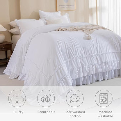 Sanracie California King Comforter Set 128" x 120", Cotton White Soft Breathable 3Pcs Bedding Sets Farmhouse French Country Shabby Vintage Ruffled Bedding Comforter Sets for All Season
