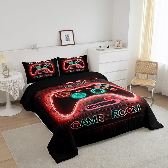 jejeloiu Red Gamer Gaming Bedding Set Queen Size for Boys Game Console Comforter Set Kids Teens Neon Light Duvet Set Cool Game Room Decor Quilt Set 3Pcs