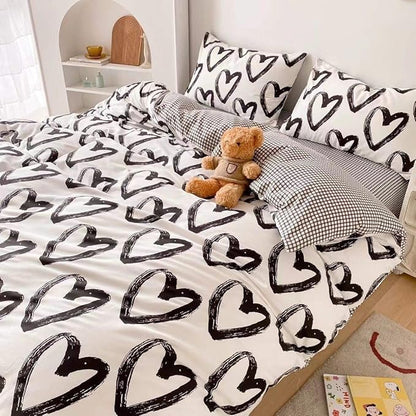 Pureant Love Comforter Set Twin Black and White Comforter Cotton Boho Black Quilts Women Men Heart Shaped Comforters Boys Teens Kawaii Comforter Cute Soft White Bedding Love Heart Twin Size Bedding