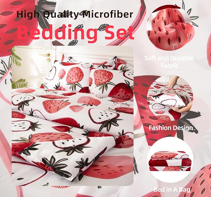 SDY 7PCS Strawberry Comforter and Sheet Set Twin Size, Cute Kawaii Pink Bedding Set for Girls, Kids Includes 1*Comforter,1* Flat Sheet, 1*Fitted Sheet,2*Pillowcases and 2*PillowcaseShams