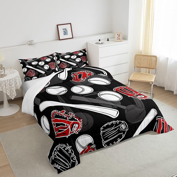 Erosebridal 3D Baseball Comforter Set Queen Sport Theme Bedding Set Men Young Ball Games Bedding Comforter Sets Black White Grey Down Comforter Lightweight Bedroom Decor with 2 Pillow Cases