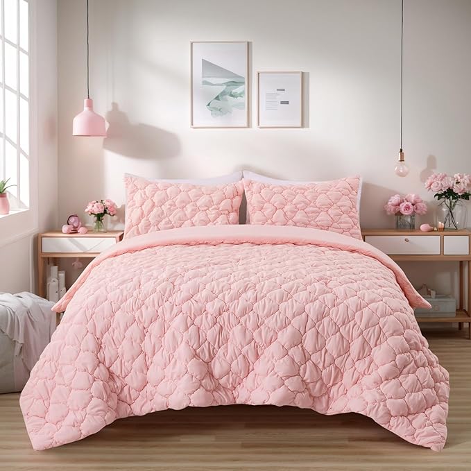 Holawakaka Luxury Blush Full Size Quilt Bedding Set 3-Piece, Solid Color Soft Microfiber Diamond Quilted Bedspread Coverlet with 2 Pillow Shams, Lightweight Bed Comforter Sets