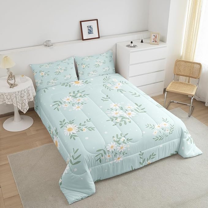 Manfei White Daisy Comforter Set King Size, Green Leaves Quilt Set with 2 Pillowcases, Botanical Garden Artwork Bedding Set 3pcs for Kids Boys Girls Bedroom Decor Lightweight Duvet Insert