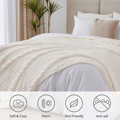 BEDELITE Blankets Queen Size for Bed, 300GSM Soft & Warm Fleece Blanket, Decorative and Giftable Striped Cream White Blankets for Women, Men, 90"x90"