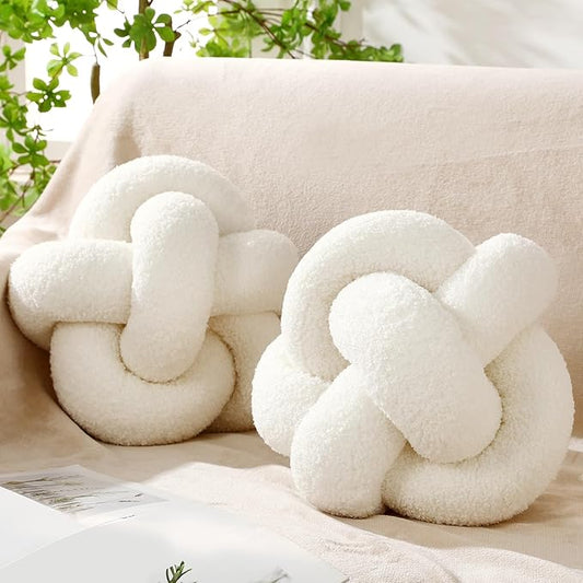2 Pcs Knot Pillow Balls, 12 Inch Soft Home Decorative Round Stylish Throw Pillow Cute Handmade Knotted Aesthetic Ivory Circle Pillows for Living Room Couch Sofa Decor (White)