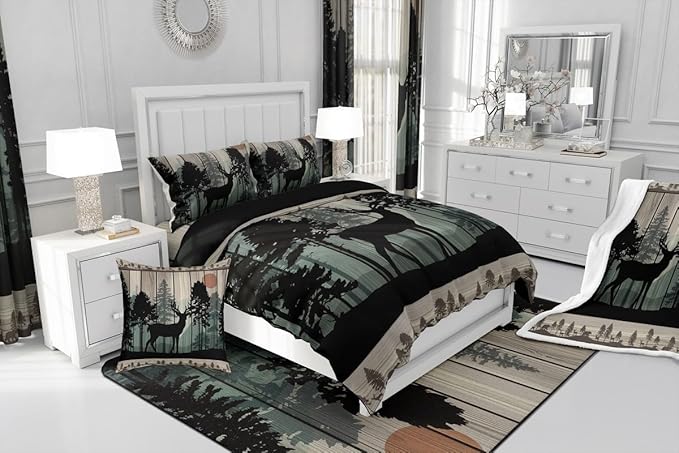 Feelyou Canbin Deer Comforter Set for Girls Boys Kids Deer Hunting Bedding Set Room Decor Rustic Farmhouse Bedding Set Wild Animal Brown Duvet Set Full Size 3Pcs Quilt Set