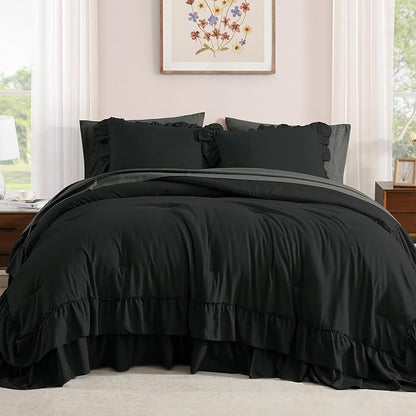 King Size Comforter Set Black, Ruffle Shabby Chic Bedding Set Farmhouse 7 Pieces, All Season Fluffy Bed in a Bag with Sheets, Pillowcases & Shams