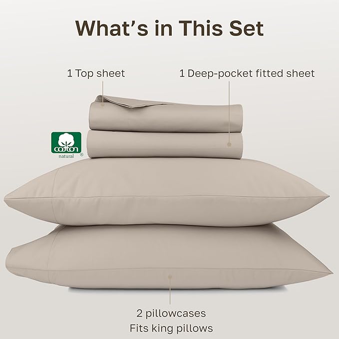 California Design Den King Sheet Set - 1000 Thread Count Sateen, Thick and Natural 100% Cotton Sheets, Deep Pockets, Durable Bedding Set - Beige (Sand Tone)