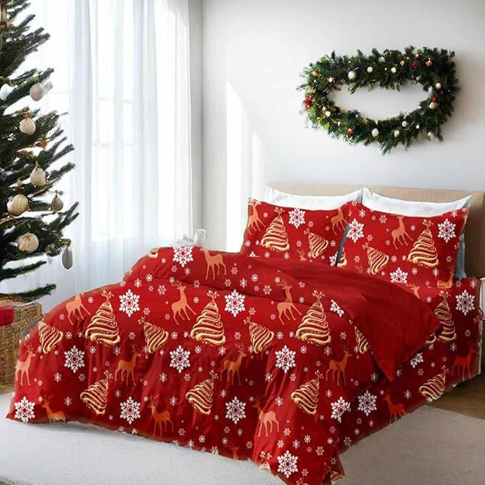 Christmas Comforter Set Queen Size - 3 Pcs 90x90 inch Red Deear Gold Tree and Snow Pattern Printed Bedding Sets -Soft and Lightweight All Season Duvet Bed in a Bag for Women