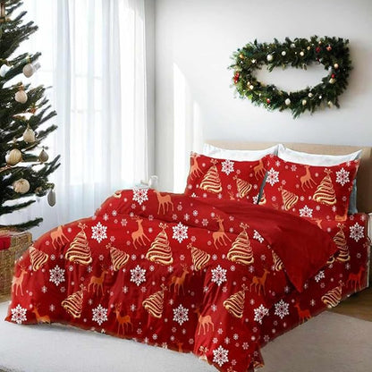 Christmas Comforter Set Queen Size - 3 Pcs 90x90 inch Red Deear Gold Tree and Snow Pattern Printed Bedding Sets -Soft and Lightweight All Season Duvet Bed in a Bag for Women