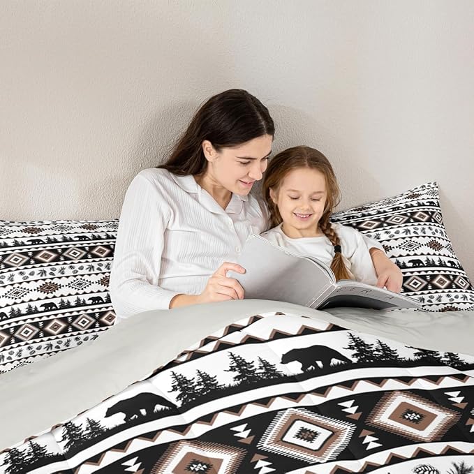 Castle Fairy Geometric Brown Striped Boys Girls Comforter Set Full Size,Western Aztec Print Duvet Set Teens Bedroom Decor,Bear Plant Exotic Boho Abstract Art Microfiber Soft Bedding 3PCS