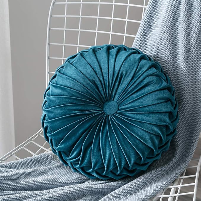 MOCOFO Round Velvet Throw Pillow, Pumpkin Shape Decorative Floor Cushion, Handcrafted Pleated Design, 14 and 16 Inch Diameter, Multiple Colors, Polyester Fill (Dark Blue, 14")