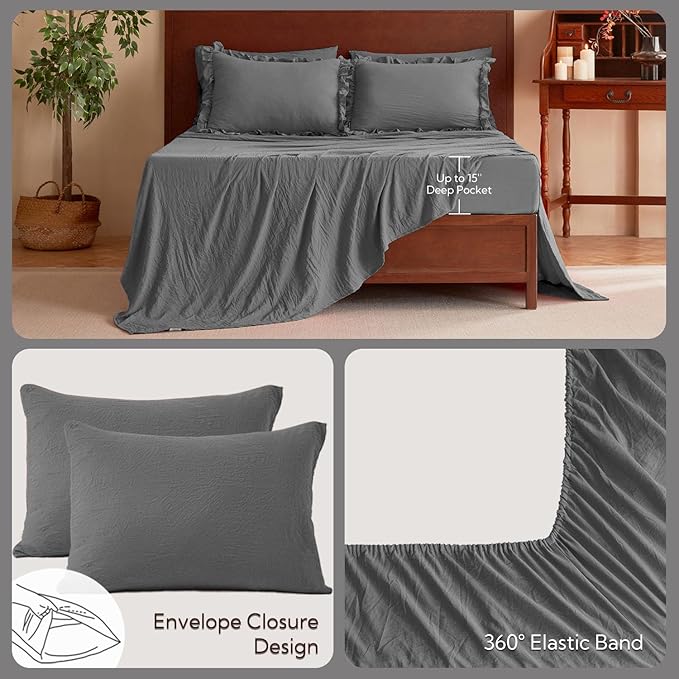 MR&HM Dark Grey Comforter Set Twin for Girls Women 5 Pieces, Shabby Chic Vintage Cottagecore Bed Sets Solid Elegance Boho Bed in a Bag, Ultra-Soft & Fluffy Comforter for All Season