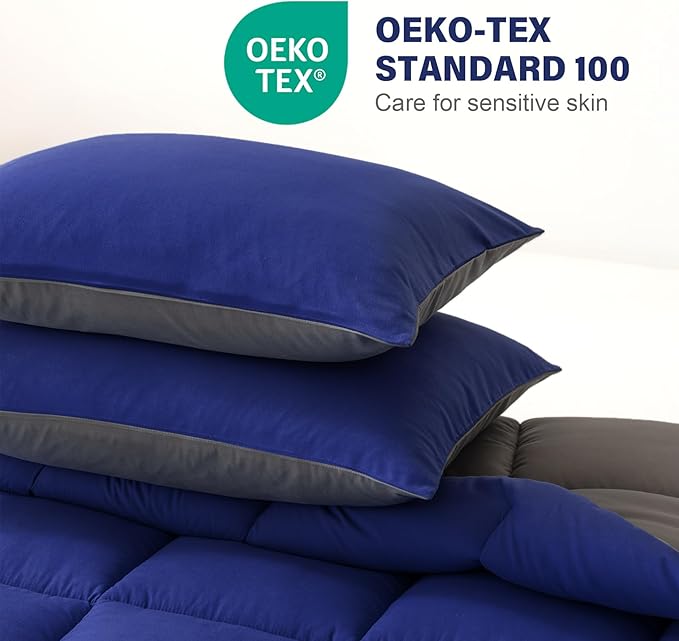 Decroom Lightweight Queen Comforter Set with 2 Pillow Sham - 3 Pieces Set - Quilted Down Alternative Comforter/Duvet Insert for All Season - Blue/Grey - Queen Size