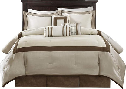 Madison Park Cozy Comforter Set-Deluxe Hotel Collection, All Season Down Alternative Luxury Bedding with Matching Shams, Decorative Pillows, California King (104"x92"), Genevieve, Taupe/Brown 7 Piece