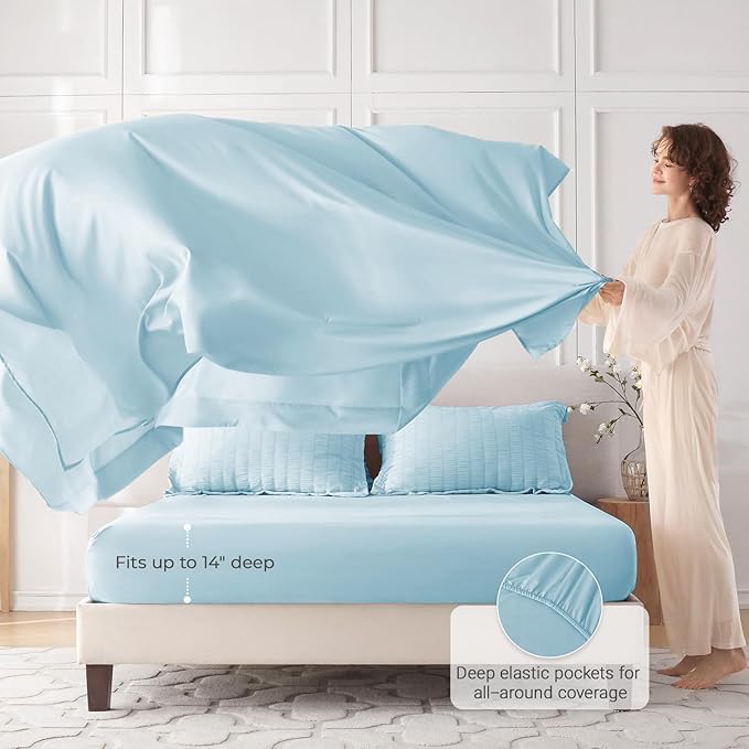 MUXHOMO 7 Pieces Queen Comforter Set, Seersucker Bed in a Bag Queen Size, All Season Luxury Bedding Set with Comforter, Flat Sheet, Fitted Sheet, Pillowcases & Shams, Lake Blue