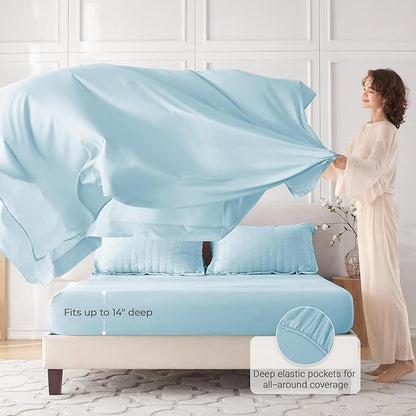 MUXHOMO 5 Pieces Twin Comforter Set, Seersucker Bed in a Bag Twin Size, All Season Luxury Bedding Set with Comforter, Flat Sheet, Fitted Sheet, Pillowcase & Sham, Lake Blue