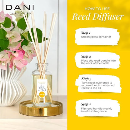 DANI Naturals Reed Diffuser Set - Vanilla Sandalwood Scent - Aromatherapy Essential Oils - Alcohol-Free, Non-Toxic - 10 Sticks - 3.5 oz