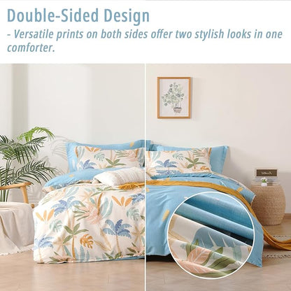 Tropical Coastal Blue Cotton Comforter Queen Size 3Pcs - Bright Orange, Olive Green & Beige Palm and Leaf Patterns, Botanical Lightweight Reversible Bedding Sets with Soft Fill(90"×90")