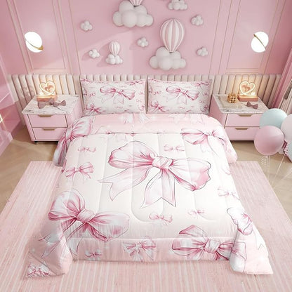 Erosebridal Pink Bow Girls Full Bedding Set Kawaii Bowknot Comforter Set for Kids Teen Women Bedroom Decor,Glitter Bow Bedding Comforter Sets Dreamy Princess Bowknot Quilt Duvet 2 Pillow Cases