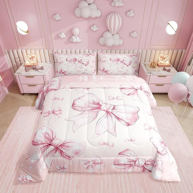 Erosebridal Pink Bow Girls King Bedding Set Kawaii Bowknot Comforter Set for Kids Teen Women Bedroom Decor,Glitter Bow Bedding Comforter Sets Dreamy Princess Bowknot Quilt Duvet 2 Pillow Cases