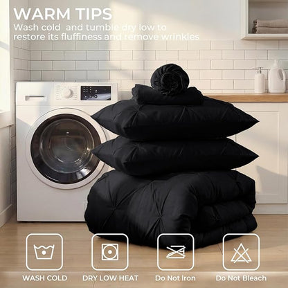 Sasttie Twin Comforter Set, 5-Piece Bed in a Bag, Pintuck Bedding Sets for All Season, Includes Comforter, Flat Sheet, Fitted Sheet, Pillowcase and Pillowsham, Black