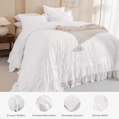 Masaca Oversized King Comforter 128x120,Farmhouse Shabby Boho Chic Ruffled Bedding Comforter Set,3Pcs Netural White Ruffle Comforter Rustic French Country Extra Large King Size Bedding Set